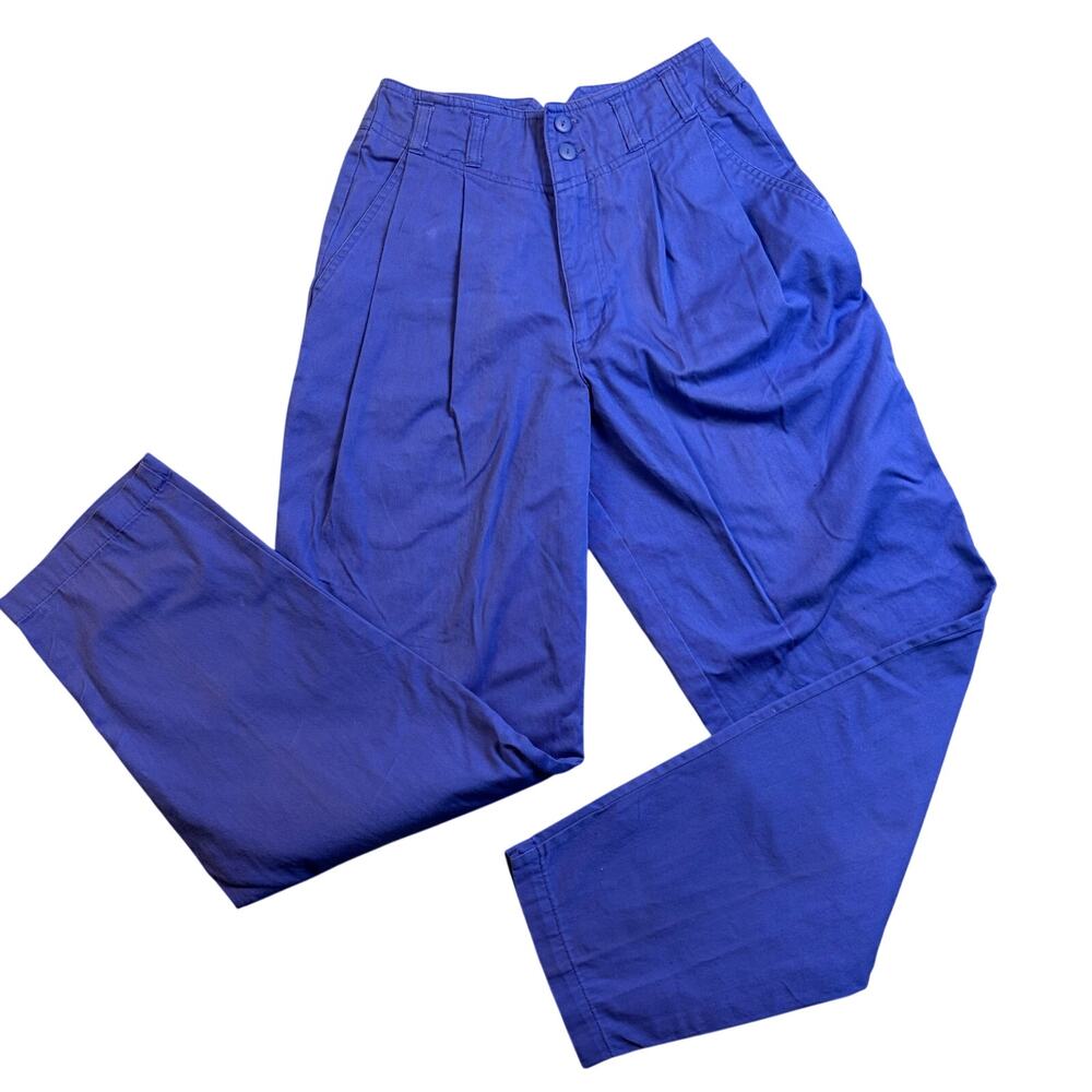 Vintage 80's Pants High Waisted Pleated Bold Retro Western Cobalt Blue 24" Waist - Picture 2 of 6